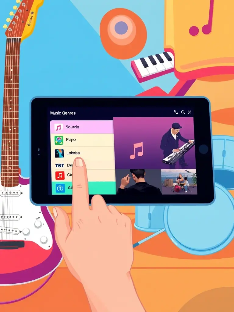 A hand selecting musical genres from a dropdown menu on a tablet, with various musical instruments subtly displayed in the background, representing the selection of musical style.