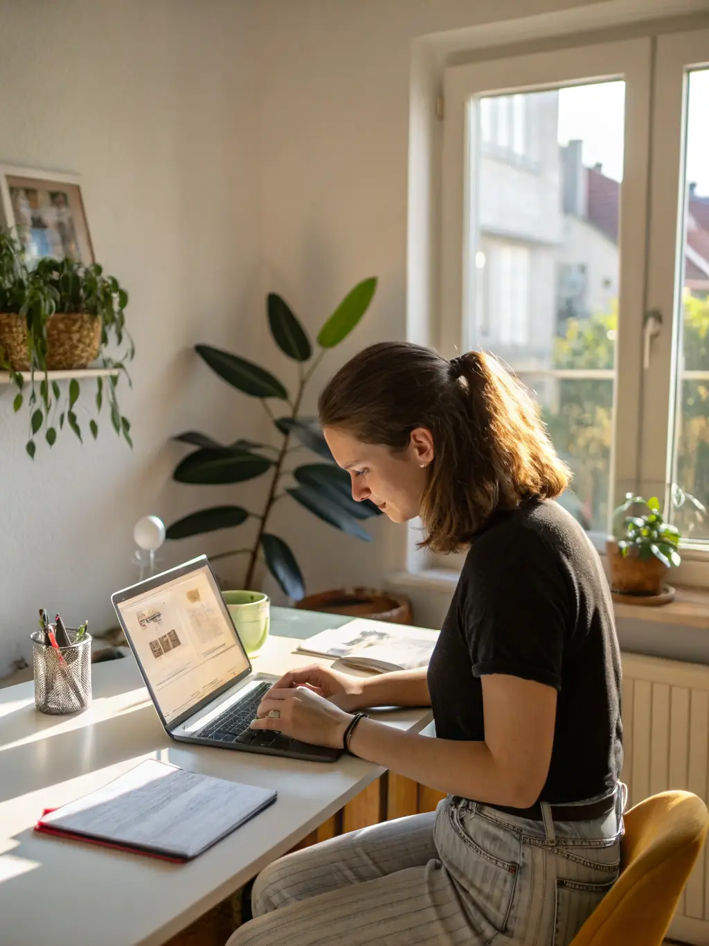 A person sitting at a desk, filling out an online form on a laptop, with a pen in hand, focused on providing details for a custom song request, with a warm and inviting background.