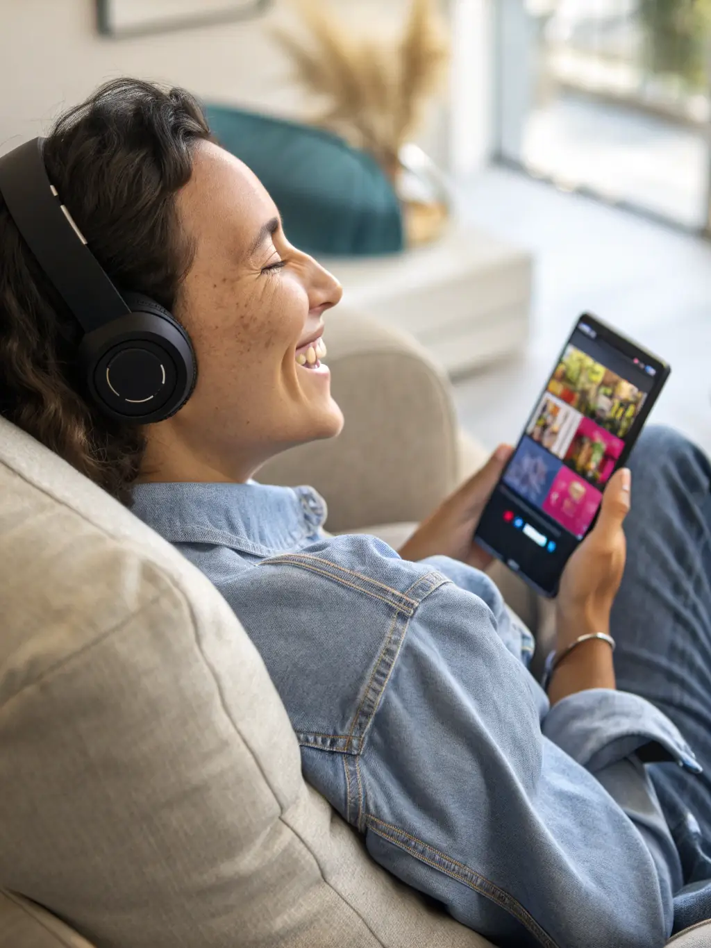 A person listening to music with headphones on, smiling and relaxed, with a notification on their phone indicating the delivery of their custom song, set against a cozy and inviting background.